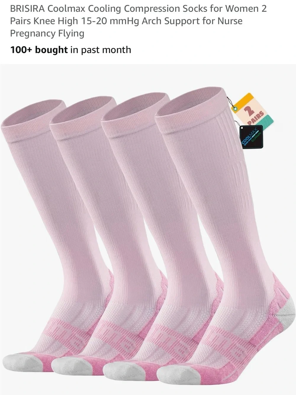 BRISIRA Coolmax Cooling Compression Socks for Women 2 Pairs Knee High 15-20 mmHg